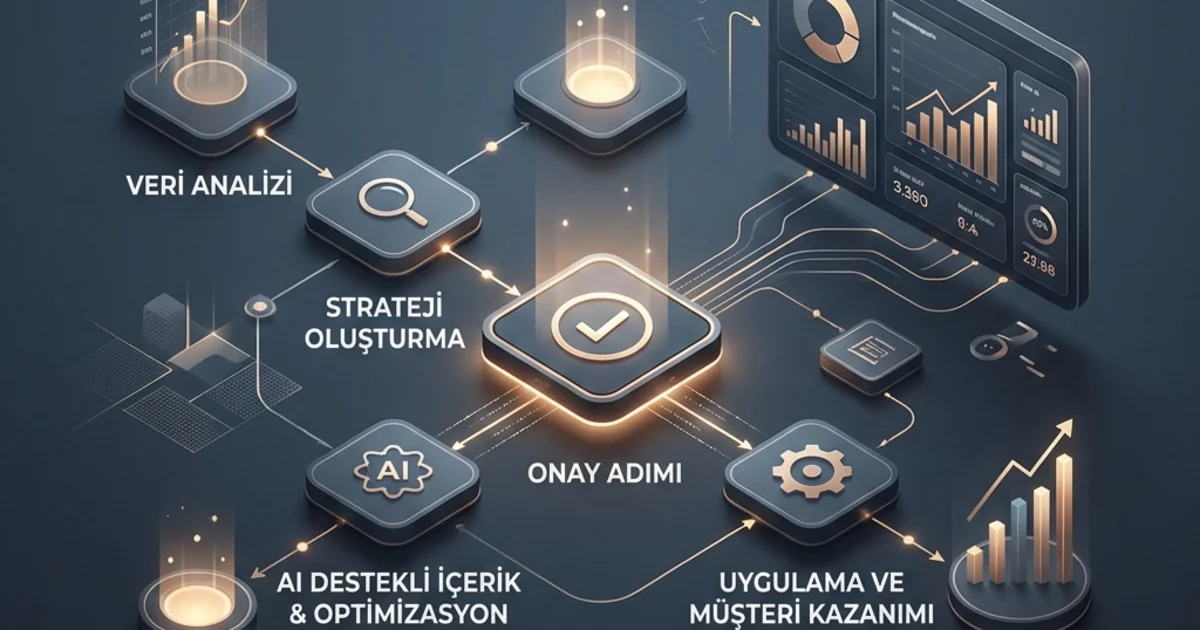 Yapay zeka SEO hizmeti için veri analizi, onay ve uygulama akışı